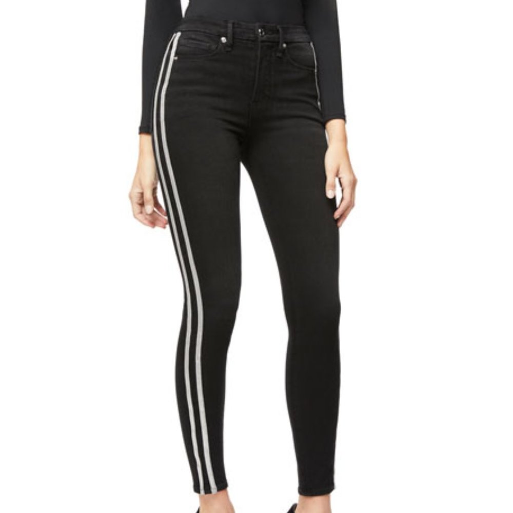 GOOD AMERICAN Good Legs black silver athletic stripe high rise skinny jeans